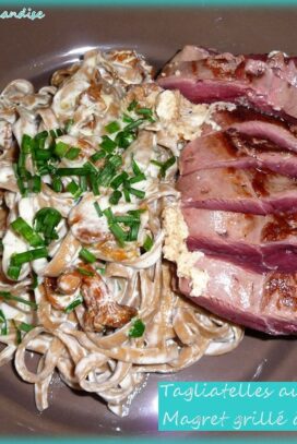 Tagliatelles aux champignons magret grillé et crème d’ail